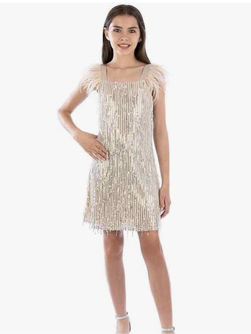 Girls Gold Sequin Feather-Trim Party Dress